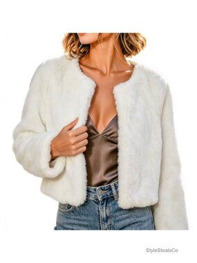 Faux Fur Cropped Jacket Short Shaggy Coat Hook Closure Winter